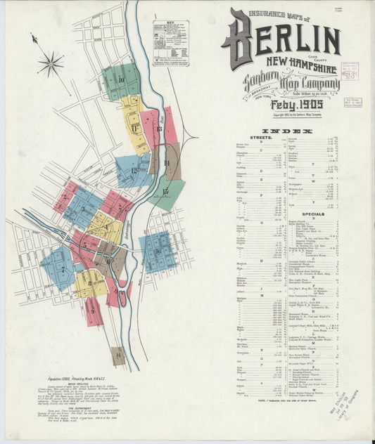 Sanborn Fire Insurance Map from Berlin, Coos County, New Hampshire (1905), Sheet #0001 - Historic Sanborn Fire Insurance Map Print, vintage old map wall art, antique decor, genealogy gift, New Hampshire New Hampshire map