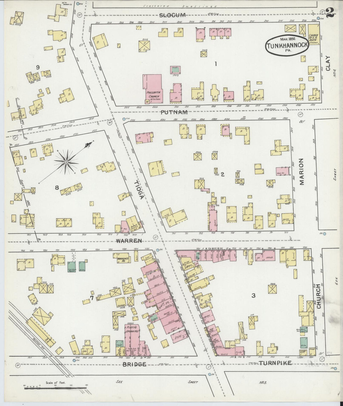 Sanborn Fire Insurance Map from Tunkhannock, Wyoming County, Pennsylvania (1892), Sheet #0002 - Historic Sanborn Fire Insurance Map Print, vintage old map wall art, antique decor, genealogy gift, Tunkhannock Wyoming map