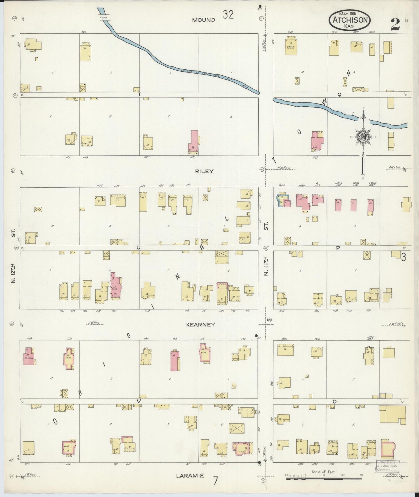 Sanborn Fire Insurance Map from Atchison, Atchison County, Kansas (1916), Sheet #0002 - Historic Sanborn Fire Insurance Map Print, vintage old map wall art, antique decor, genealogy gift, Kansas Kansas map