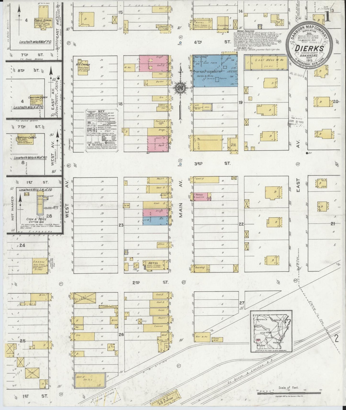 Sanborn Fire Insurance Map from Dierks, Howard County, Arkansas (1919), Sheet #0001 - Historic Sanborn Fire Insurance Map Print, vintage old map wall art, antique decor, genealogy gift, Arkansas Arkansas map
