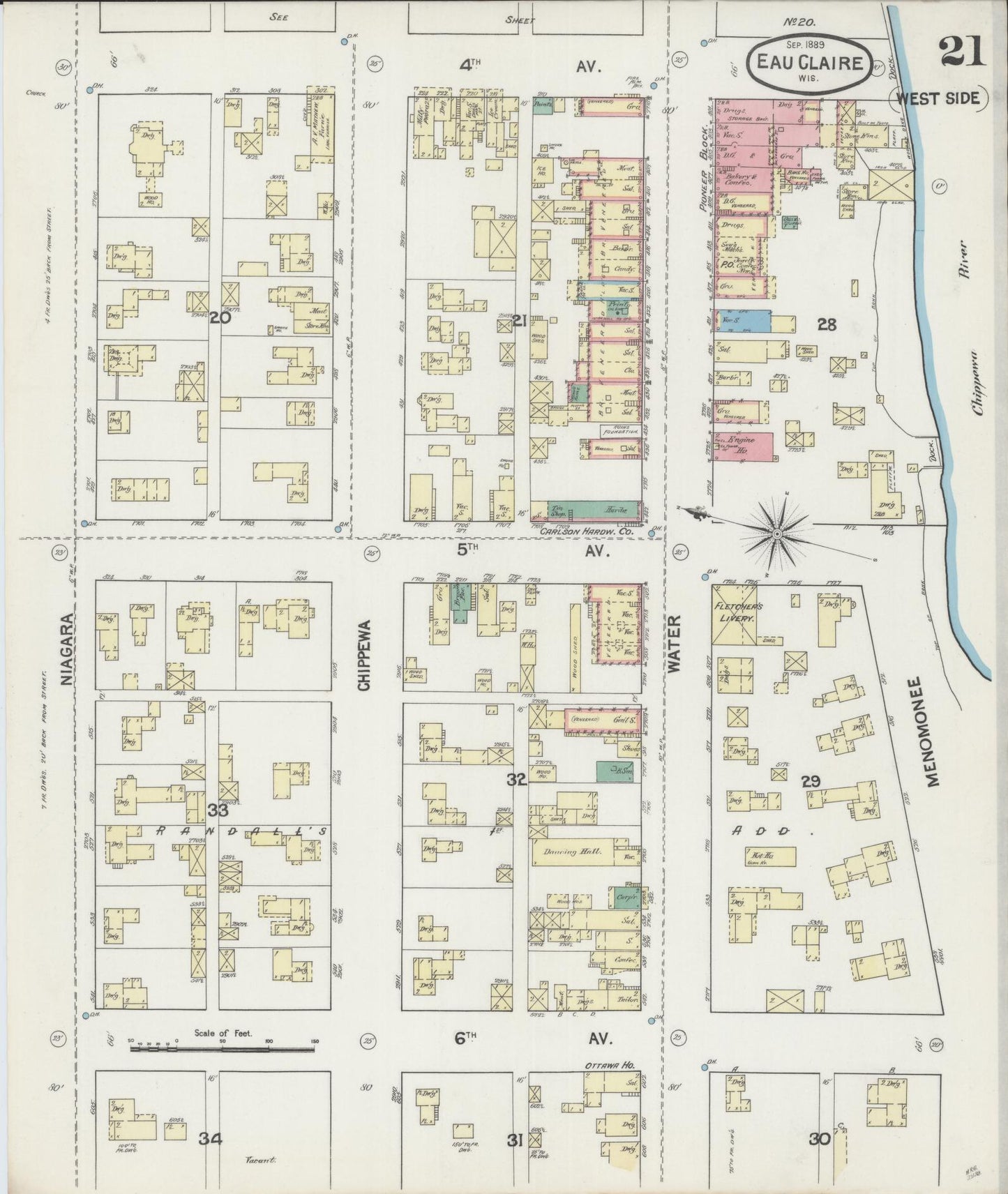 Sanborn Fire Insurance Map from Eau Claire, Eau Claire County, Wisconsin (1889), Sheet #0021 - Historic Sanborn Fire Insurance Map Print, vintage old map wall art, antique decor, genealogy gift, Wisconsin Wisconsin map