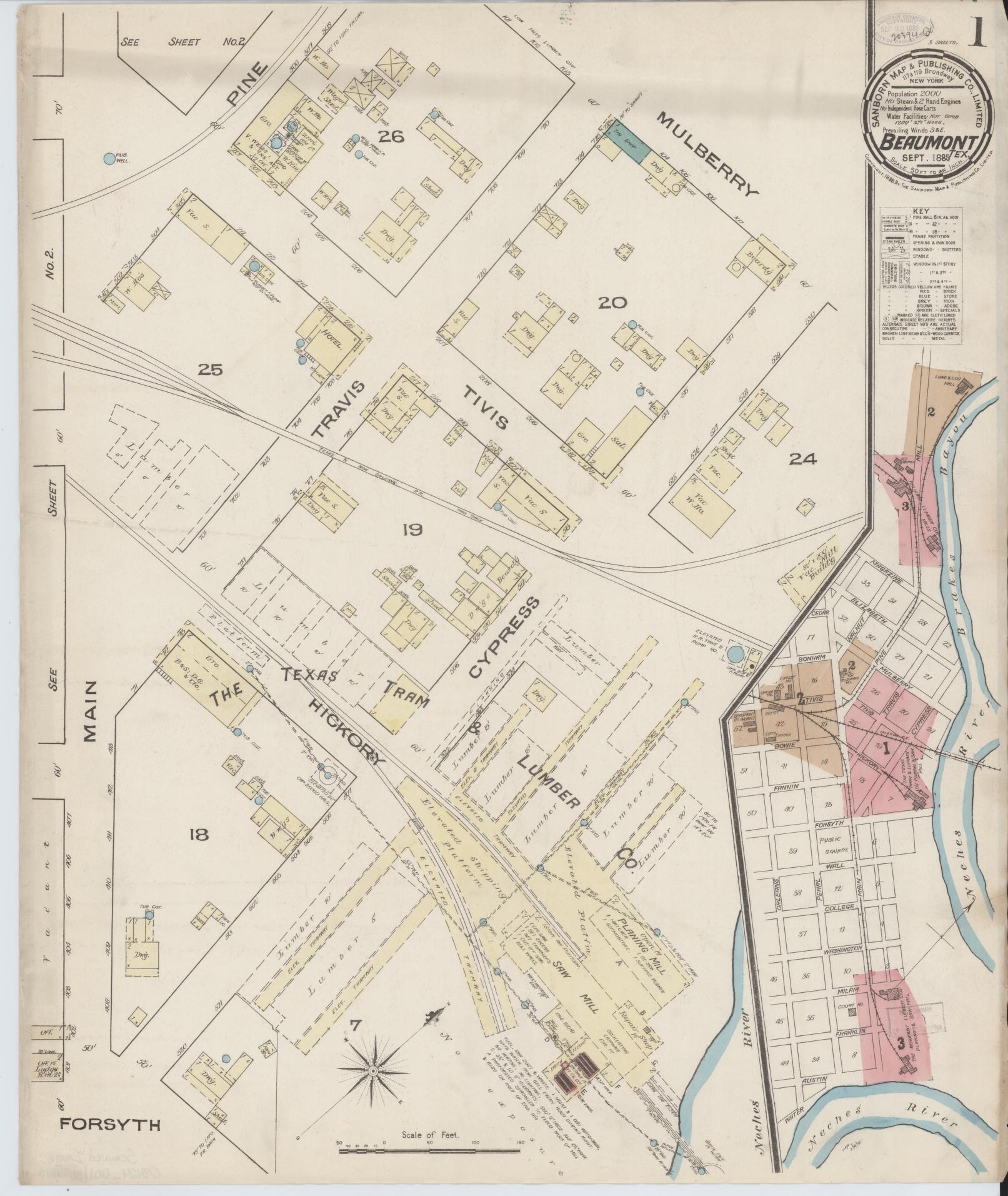 Sanborn Fire Insurance Map from Beaumont, Jefferson County, Texas (1885), Sheet #0001 - Historic Sanborn Fire Insurance Map Print, vintage old map wall art, antique decor, genealogy gift, Texas Texas map