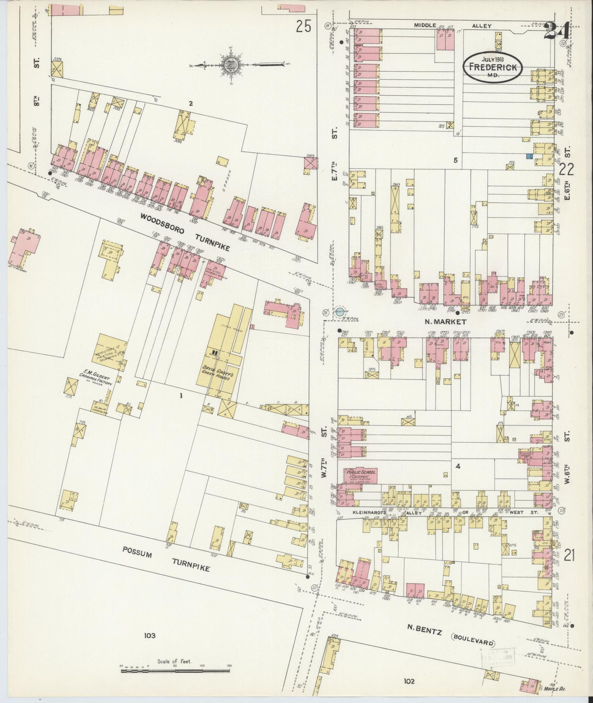 Sanborn Fire Insurance Map from Frederick, Frederick County, Maryland (1911), Sheet #0024 - Historic Sanborn Fire Insurance Map Print, vintage old map wall art, antique decor, genealogy gift, Maryland Maryland map