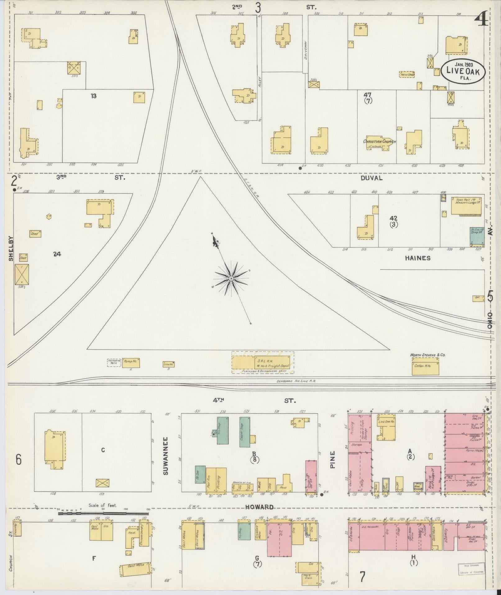 Sanborn Fire Insurance Map from Live Oak, Suwanee County, Florida (1903), Sheet #0004 - Complete Map Set gallery image, historic Sanborn map, vintage wall art, Florida Florida