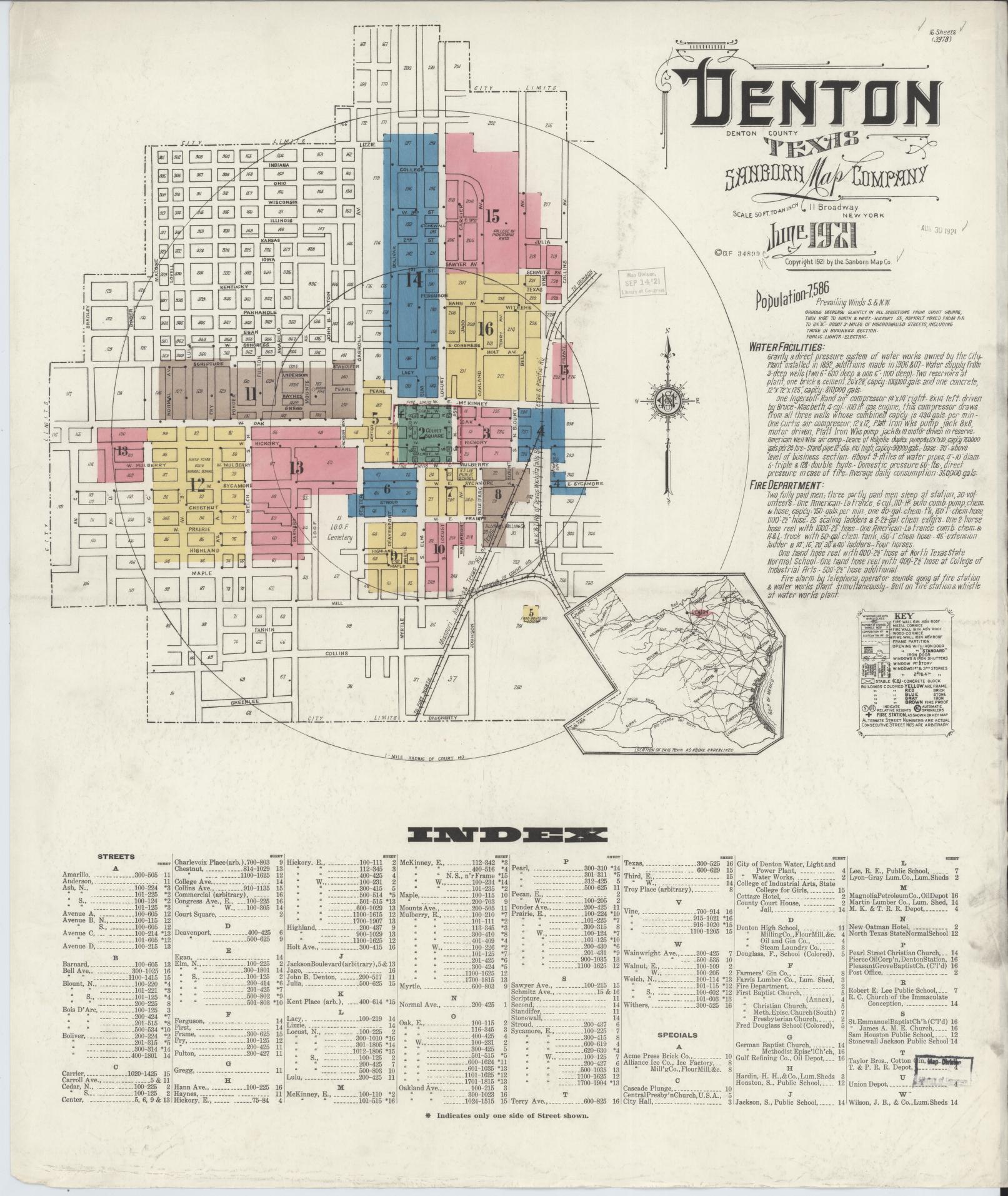 Sanborn Fire Insurance Map from Denton, Denton County, Texas (1921), Sheet #0001 - Complete Map Set gallery image, historic Sanborn map, vintage wall art, Texas Texas