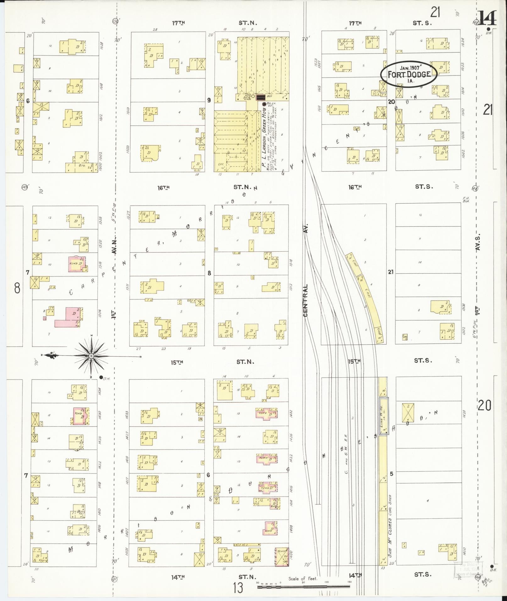 Sanborn Fire Insurance Map from Fort Dodge, Webster County, Iowa (1907), Sheet #0014 - Historic Sanborn Fire Insurance Map Print, vintage old map wall art