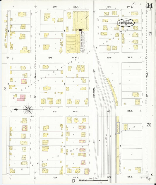 Sanborn Fire Insurance Map from Fort Dodge, Webster County, Iowa (1907), Sheet #0014 - Historic Sanborn Fire Insurance Map Print, vintage old map wall art
