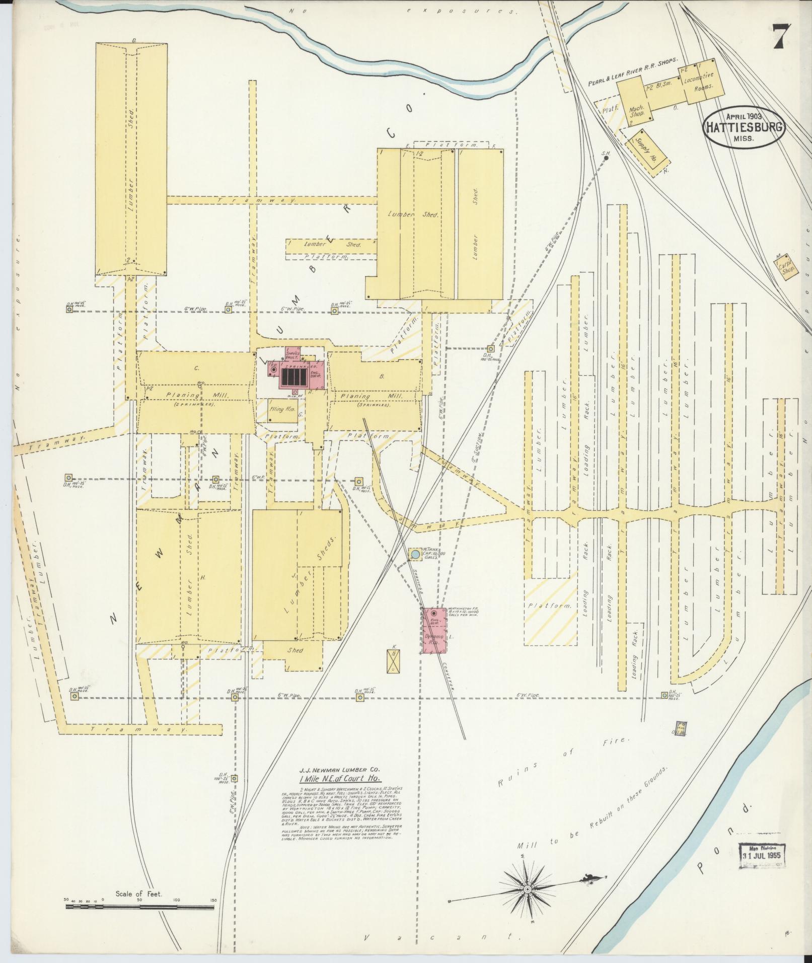 Sanborn Fire Insurance Map from Hattiesburg, Forrest County, Mississippi (1903), Sheet #0007 - Complete Map Set gallery image, historic Sanborn map, vintage wall art, Mississippi Mississippi