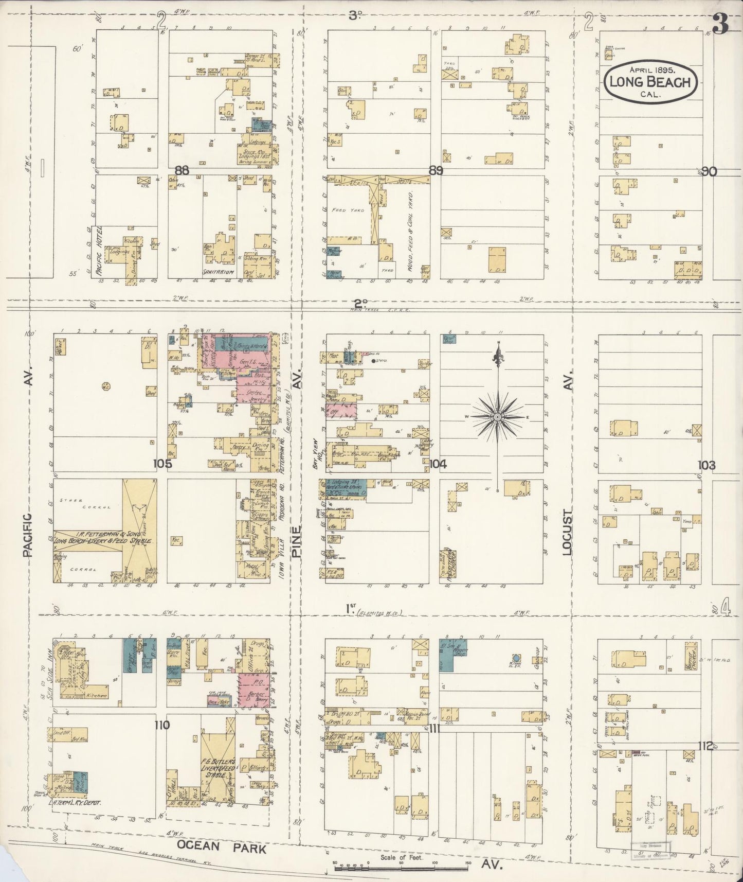 Sanborn Fire Insurance Map from Long Beach, Los Angeles County, California (1895), Sheet #0003 - Historic Sanborn Fire Insurance Map Print, vintage old map wall art, antique decor, genealogy gift, California California map