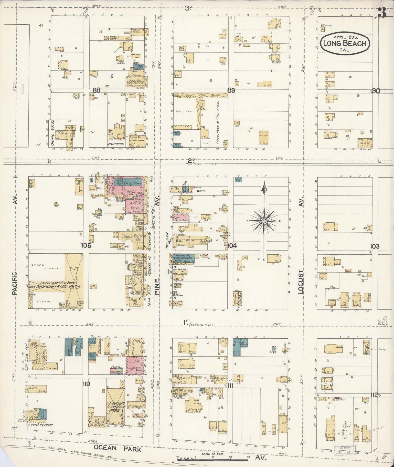 Sanborn Fire Insurance Map from Long Beach, Los Angeles County, California (1895), Sheet #0003 - Historic Sanborn Fire Insurance Map Print, vintage old map wall art, antique decor, genealogy gift, California California map
