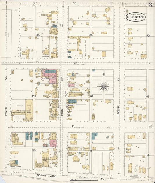 Sanborn Fire Insurance Map from Long Beach, Los Angeles County, California (1895), Sheet #0003 - Historic Sanborn Fire Insurance Map Print, vintage old map wall art, antique decor, genealogy gift, California California map