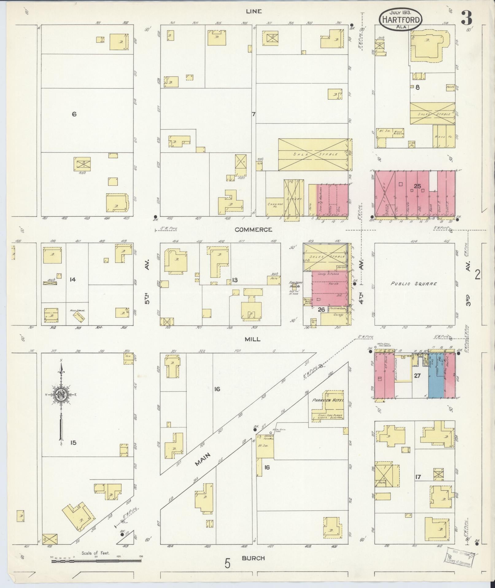 Sanborn Fire Insurance Map from Hartford, Geneva County, Alabama (1913), Sheet #0003 - Complete Map Set gallery image, historic Sanborn map, vintage wall art, Alabama Alabama