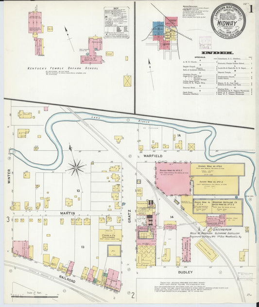 Sanborn Fire Insurance Map from Midway, Woodford County, Kentucky (1908), Sheet #0001 - Complete Map Set gallery image, historic Sanborn map, vintage wall art, Kentucky Kentucky
