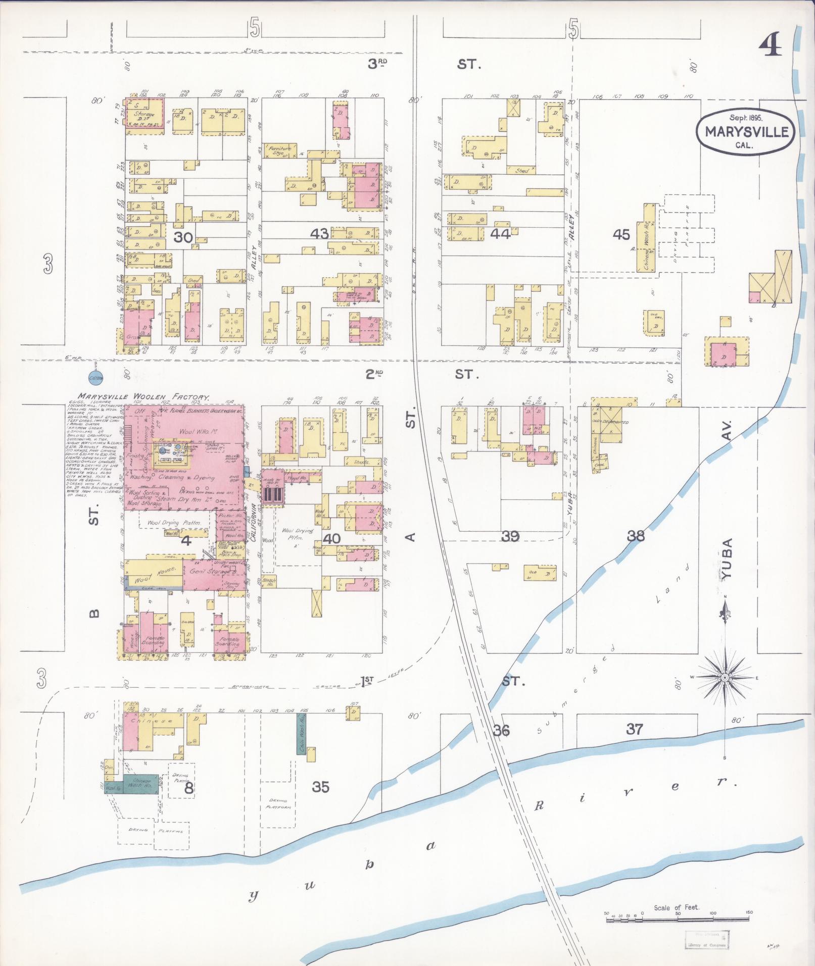 Sanborn Fire Insurance Map from Marysville, Yuba County, California (1895), Sheet #0004 - Historic Sanborn Fire Insurance Map Print, vintage old map wall art, antique decor, genealogy gift, California California map
