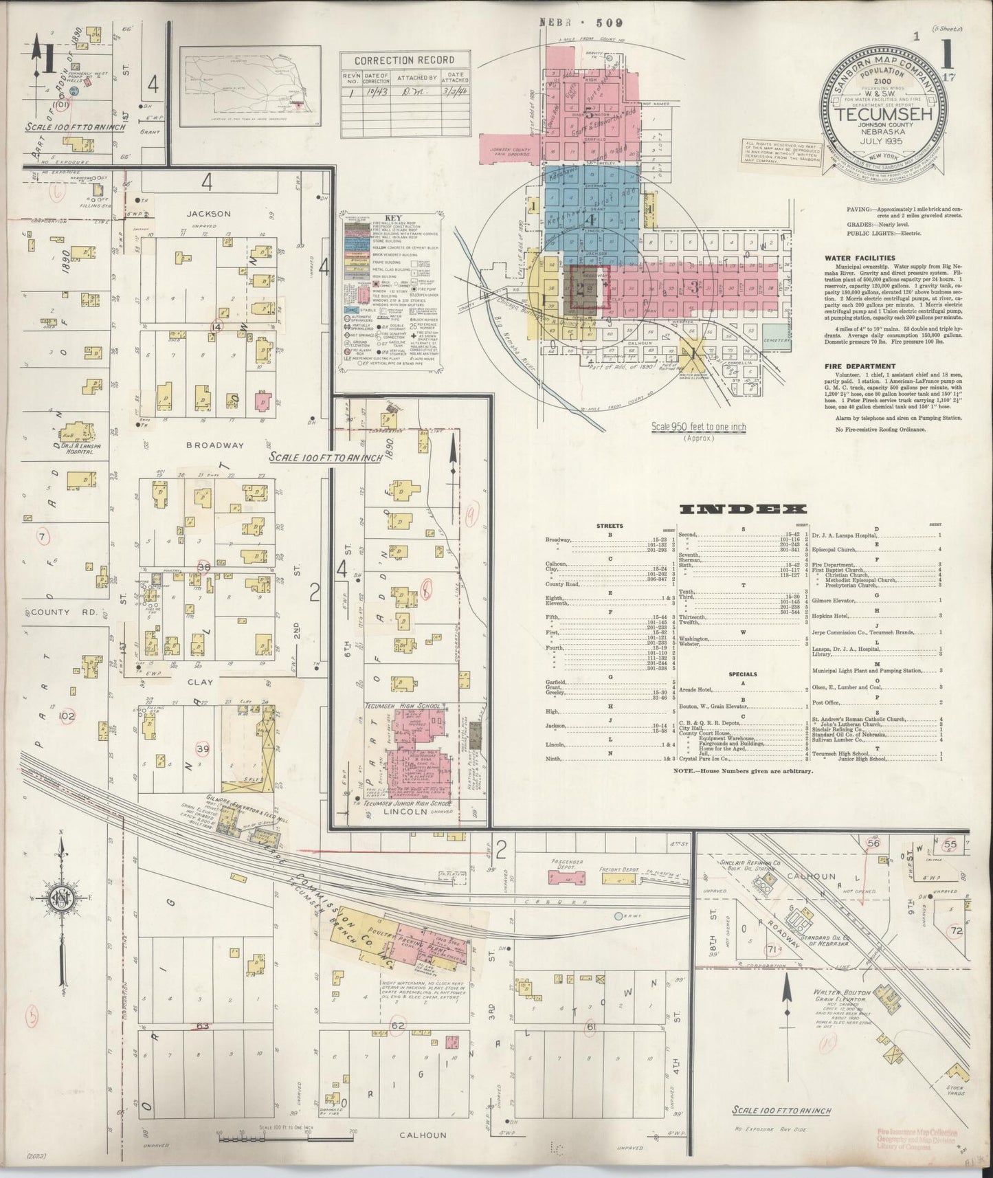 Sanborn Fire Insurance Map from Tecumseh, Johnson County, Nebraska (1943), Sheet #0001 - Complete Map Set gallery image, historic Sanborn map, vintage wall art, Nebraska Nebraska