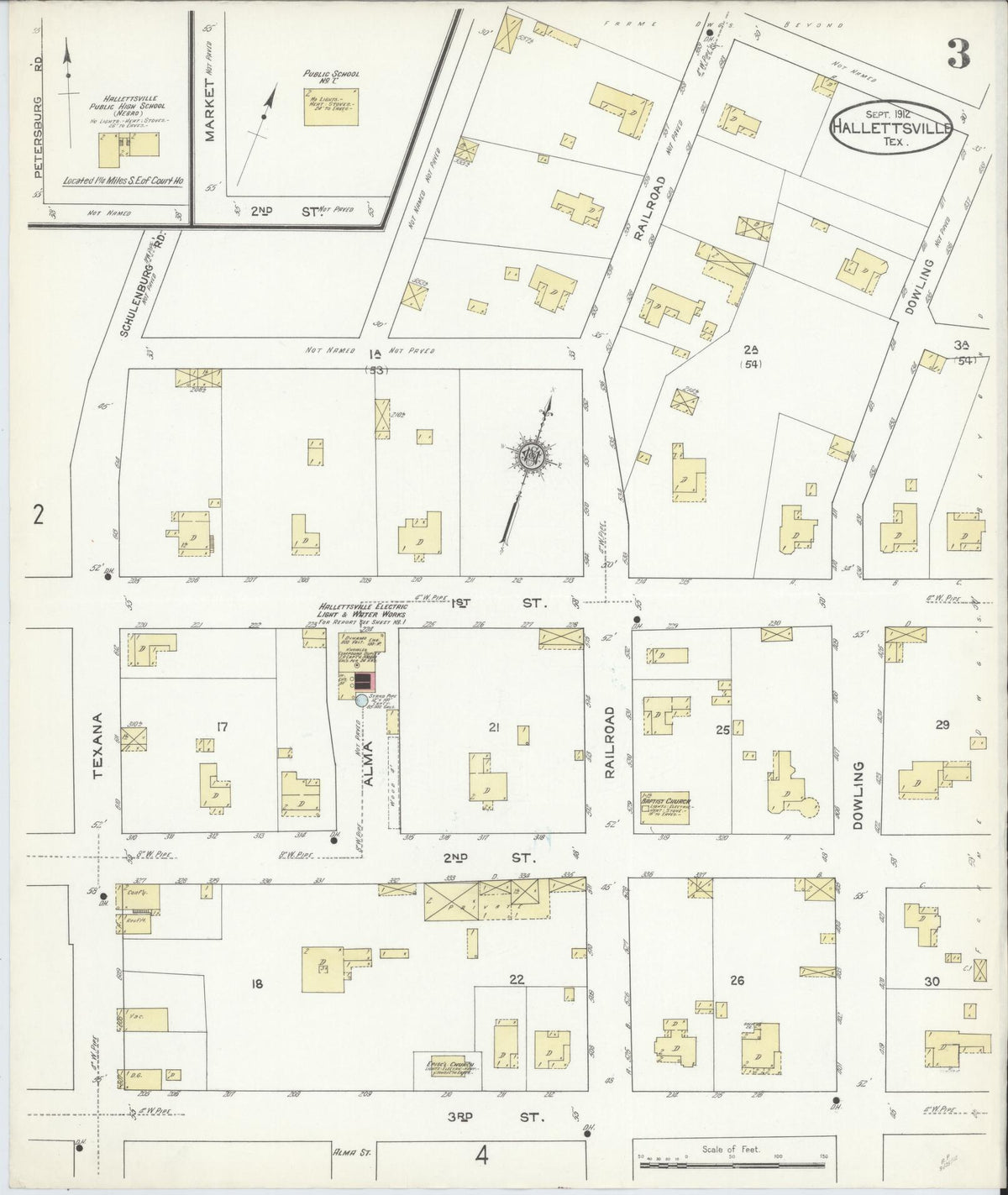 Sanborn Fire Insurance Map from Hallettsville, Lavaca County, Texas (1912), Sheet #0003 - Historic Sanborn Fire Insurance Map Print, vintage old map wall art, antique decor, genealogy gift, Texas Texas map