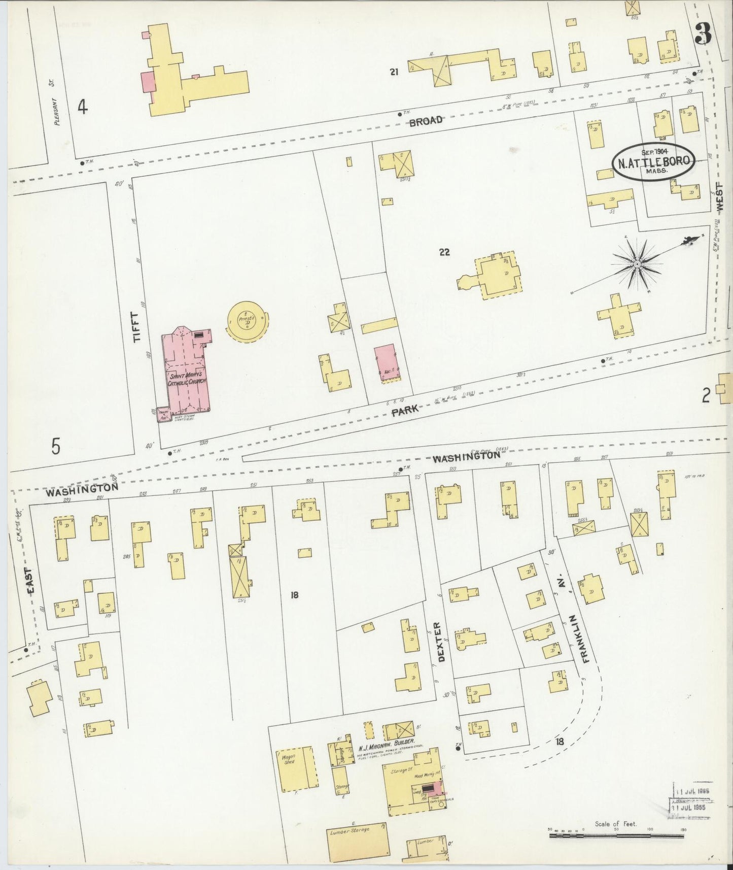 Sanborn Fire Insurance Map from North Attleborough, Bristol County, Massachusetts (1904), Sheet #0003 - Historic Sanborn Fire Insurance Map Print, vintage old map wall art, antique decor, genealogy gift, Massachusetts Massachusetts map