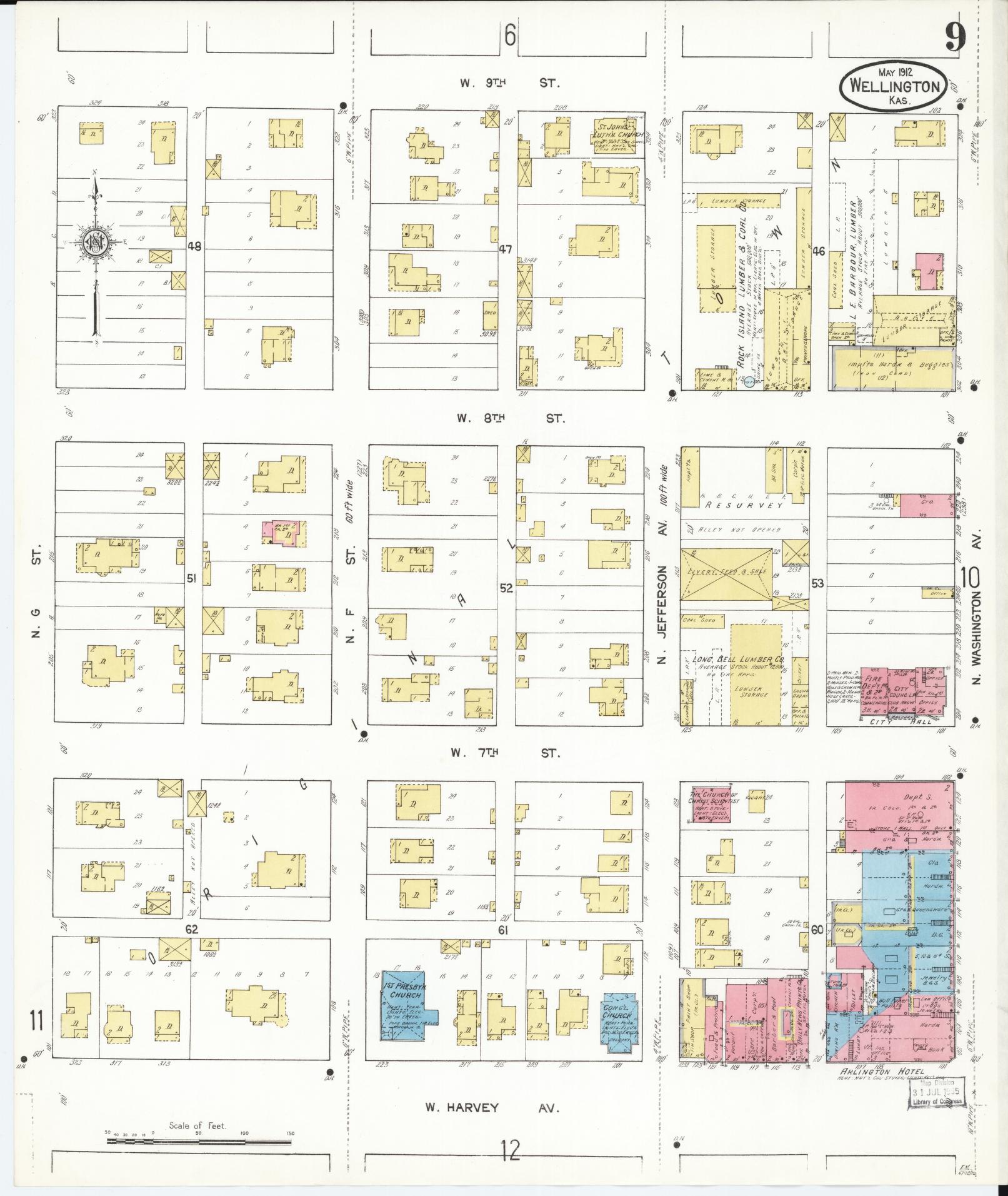 Sanborn Fire Insurance Map from Wellington, Sumner County, Kansas (1912), Sheet #0009 - Complete Map Set gallery image, historic Sanborn map, vintage wall art, Kansas Kansas
