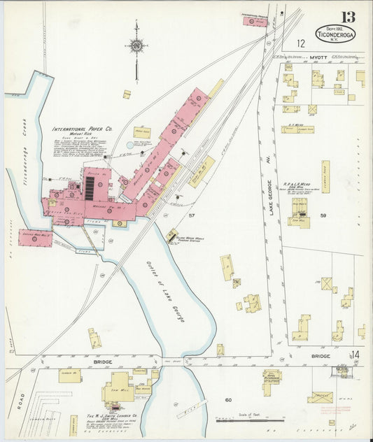 Sanborn Fire Insurance Map from Ticonderoga, Essex County, New York (1912), Sheet #0013 - Historic Sanborn Fire Insurance Map Print, vintage old map wall art, antique decor, genealogy gift, New York New York map