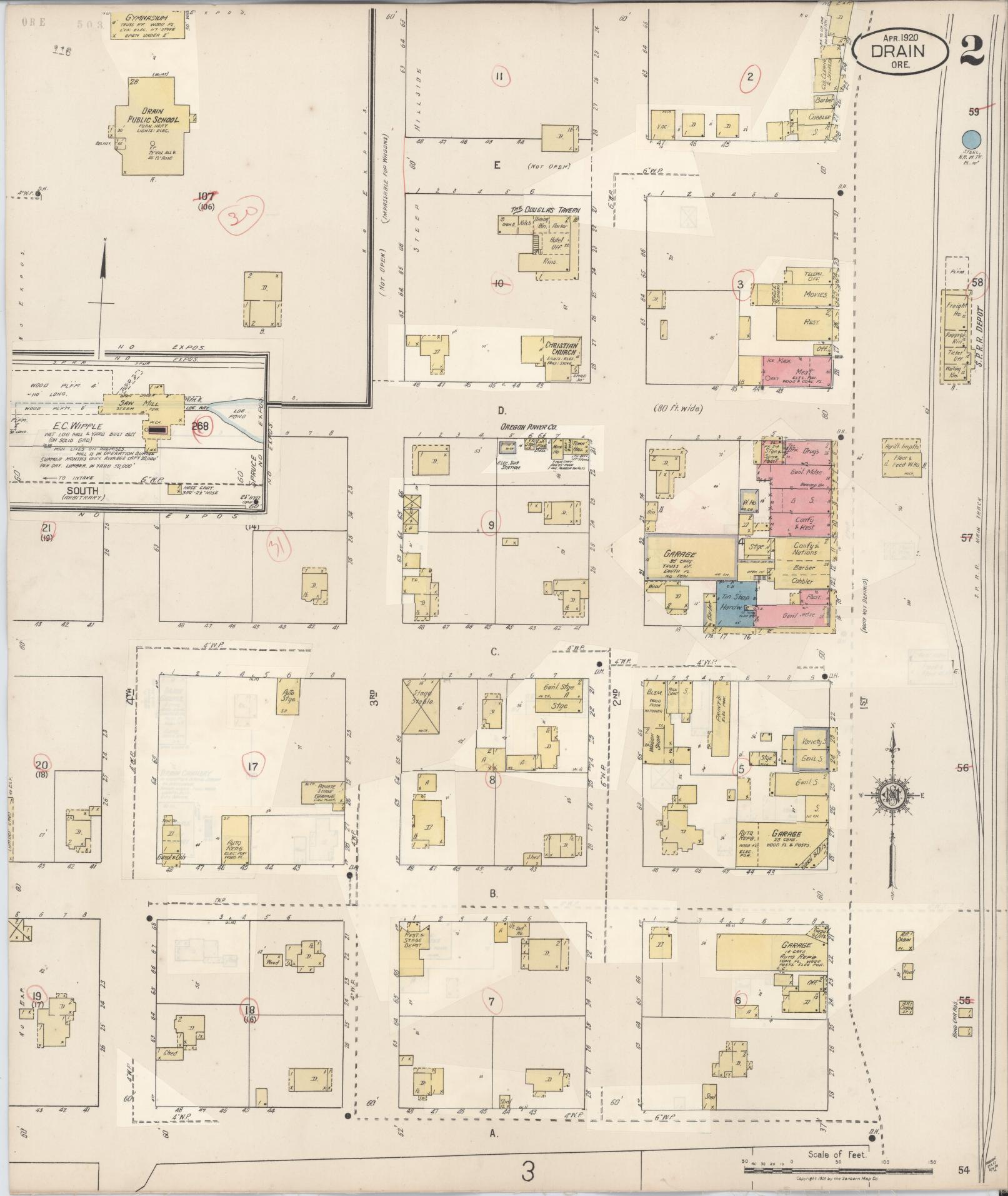 Sanborn Fire Insurance Map from Drain, Douglas County, Oregon (1931), Sheet #0002 - Complete Map Set gallery image, historic Sanborn map, vintage wall art, Oregon Oregon