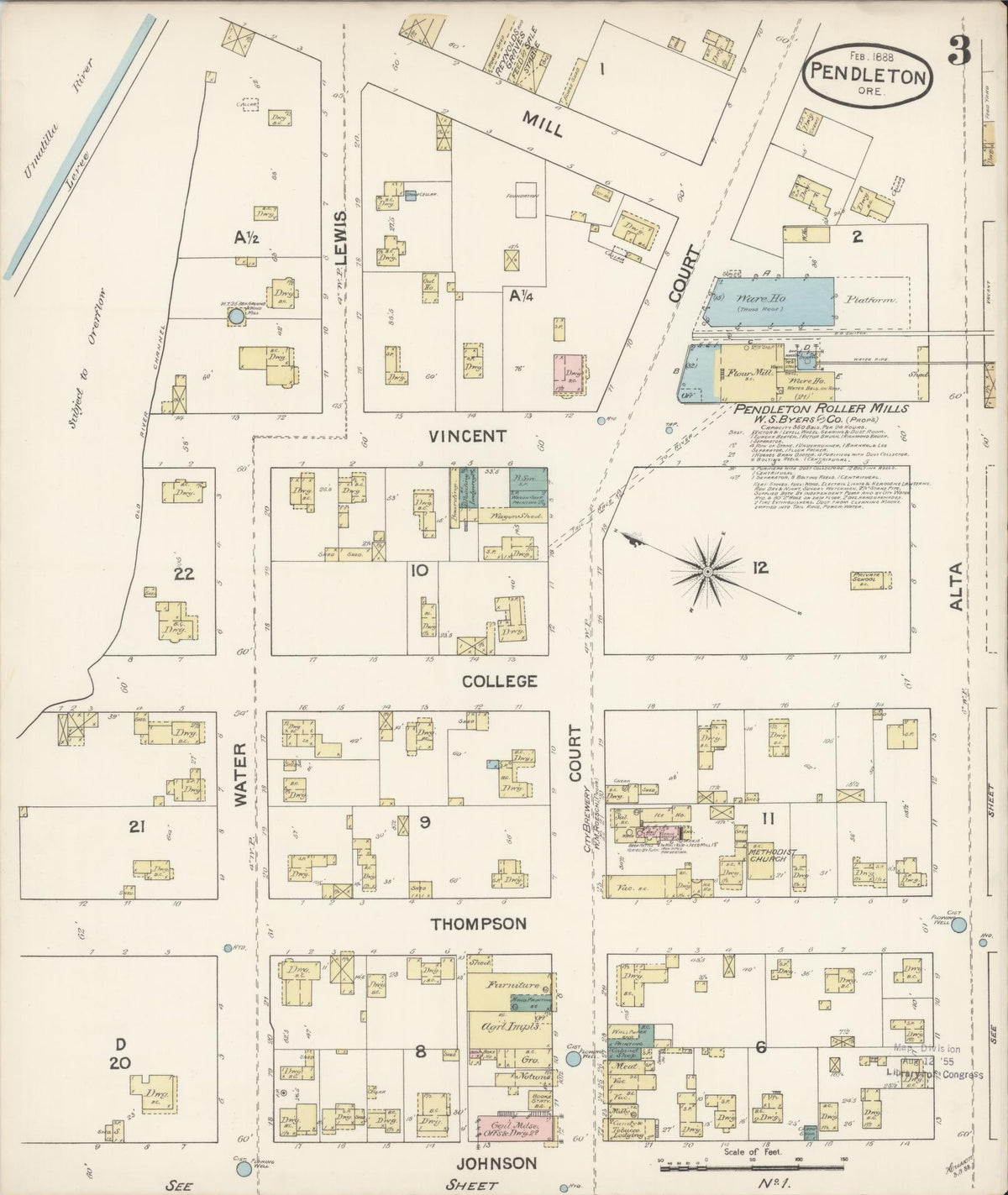 Sanborn Fire Insurance Map from Pendleton, Umatilla County, Oregon (1888), Sheet #0003 - Historic Sanborn Fire Insurance Map Print, vintage old map wall art, antique decor, genealogy gift, Oregon Oregon map