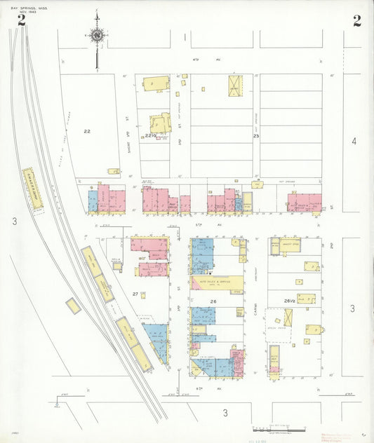 Sanborn Fire Insurance Map from Bay Springs, Jasper County, Mississippi (1943), Sheet #0002 - Historic Sanborn Fire Insurance Map Print, vintage old map wall art, antique decor, genealogy gift, Mississippi Mississippi map
