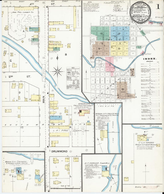 Sanborn Fire Insurance Map from Mason City, Cerro Gordo County, Iowa (1892), Sheet #0001 - Historic Sanborn Fire Insurance Map Print, vintage old map wall art