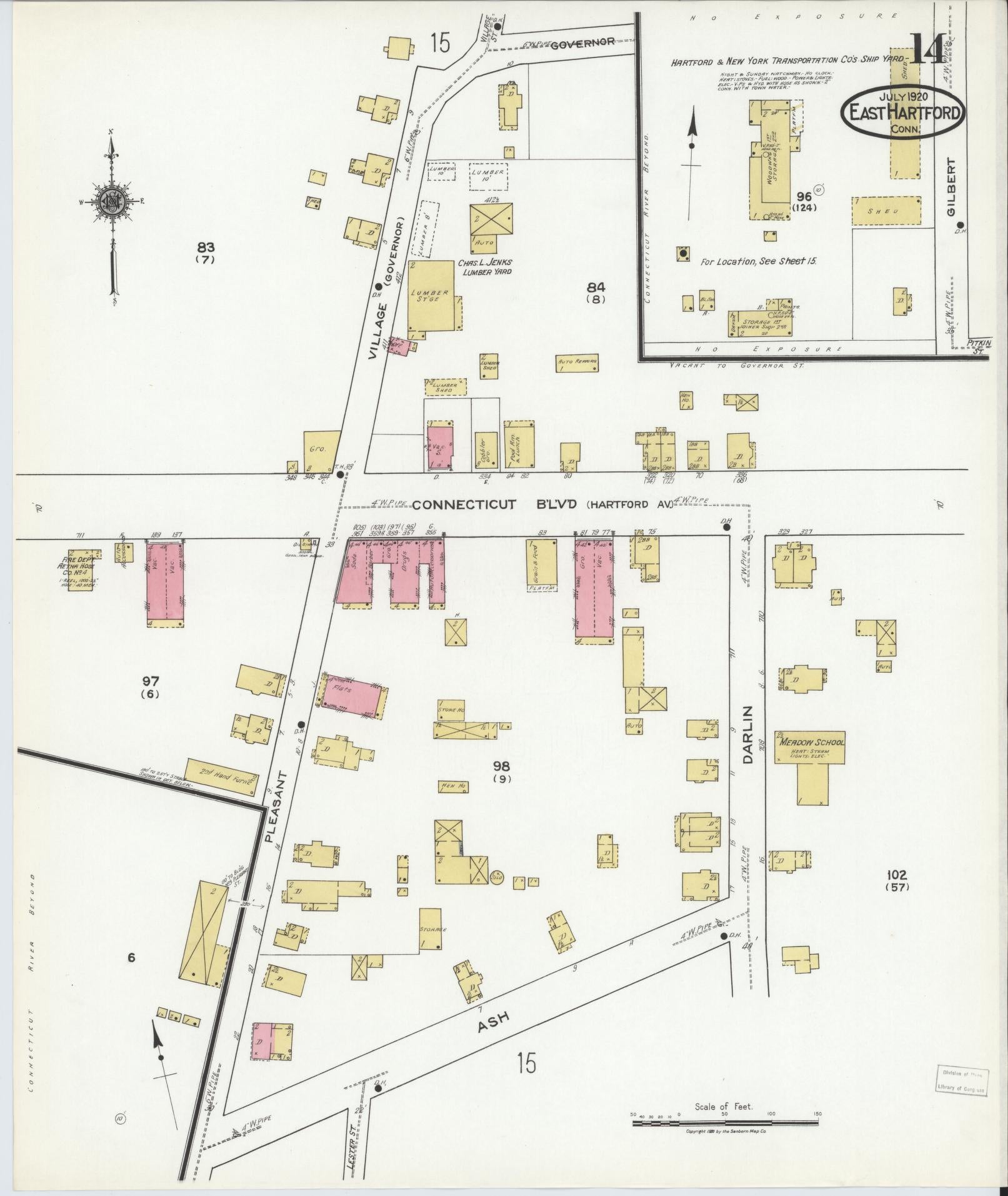Sanborn Fire Insurance Map from East Hartford, Hartford County, Connecticut (1920), Sheet #0014 - Historic Sanborn Fire Insurance Map Print, vintage old map wall art, antique decor, genealogy gift, Connecticut Connecticut map