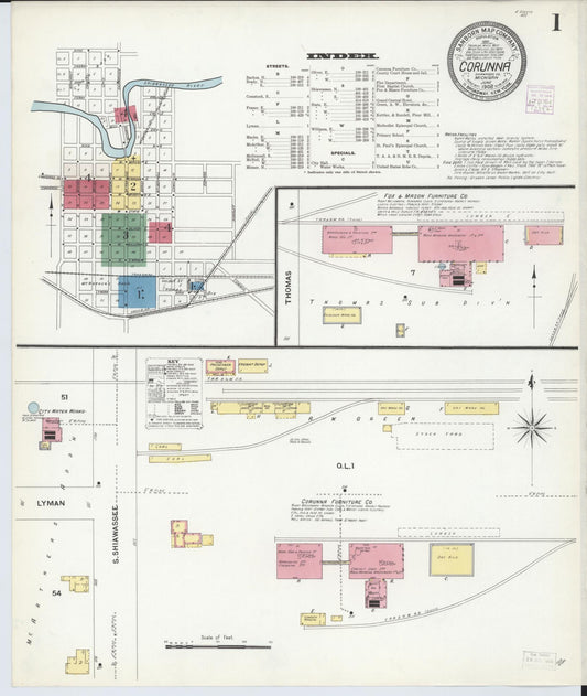 Sanborn Fire Insurance Map from Corunna, Shiawassee County, Michigan (1908), Sheet #0001 - Complete Map Set gallery image, historic Sanborn map, vintage wall art, Michigan Michigan