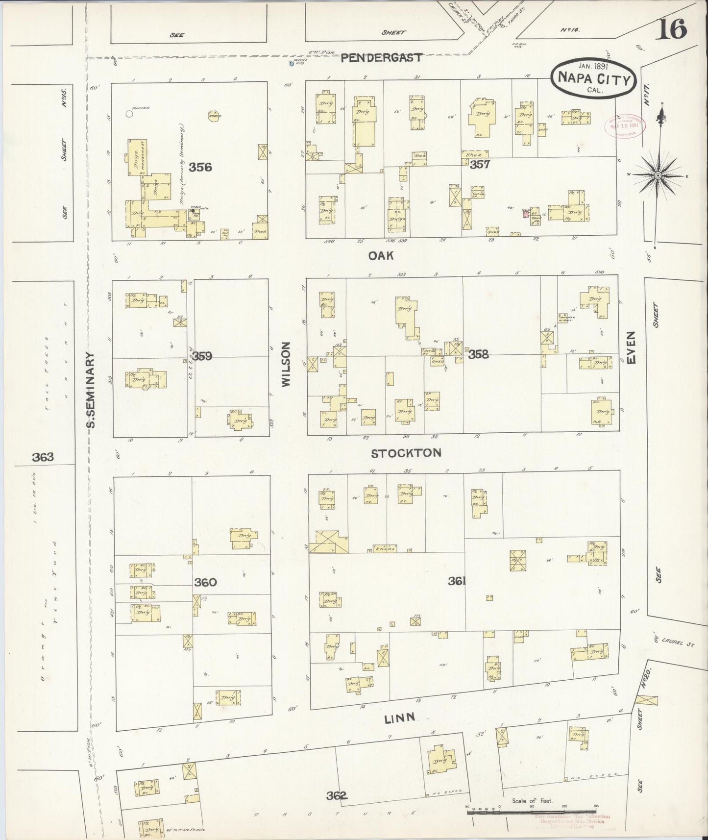 Sanborn Fire Insurance Map from Napa, Napa County, California (1891), Sheet #0016 - Complete Map Set gallery image, historic Sanborn map, vintage wall art, California California