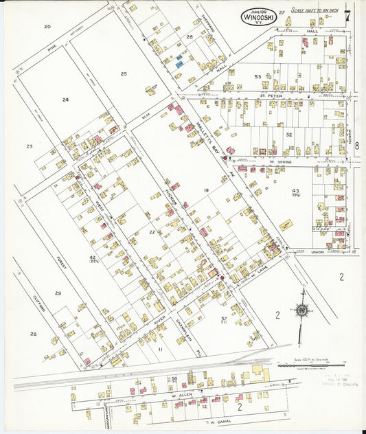 Sanborn Fire Insurance Map from Winooski, Chittenden County, Vermont (1919), Sheet #0007 - Historic Sanborn Fire Insurance Map Print, vintage old map wall art, antique decor, genealogy gift, Vermont Vermont map