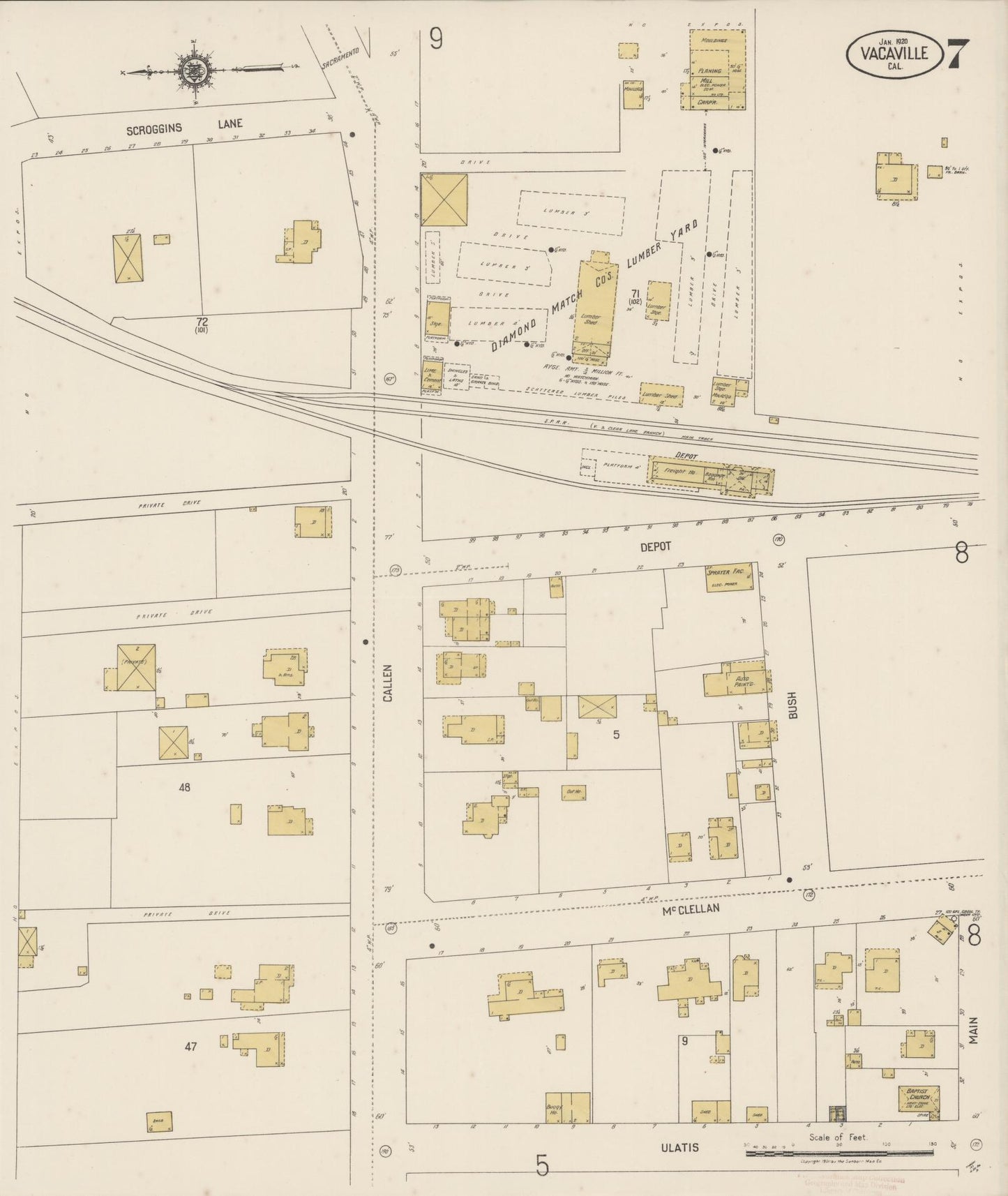 Sanborn Fire Insurance Map from Vacaville, Solano County, California (1920), Sheet #0007 - Complete Map Set gallery image, historic Sanborn map, vintage wall art, California California