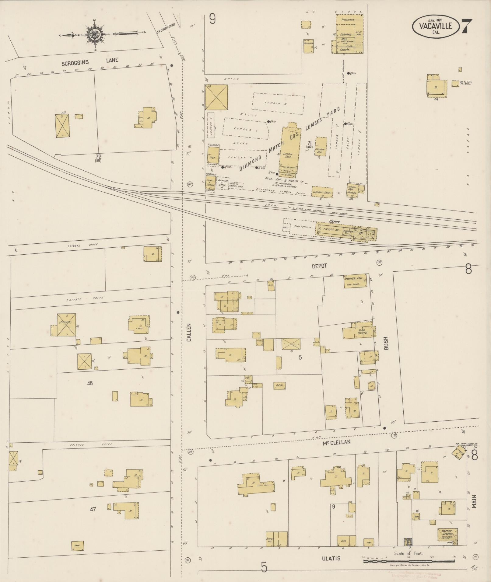 Sanborn Fire Insurance Map from Vacaville, Solano County, California (1920), Sheet #0007 - Complete Map Set gallery image, historic Sanborn map, vintage wall art, California California