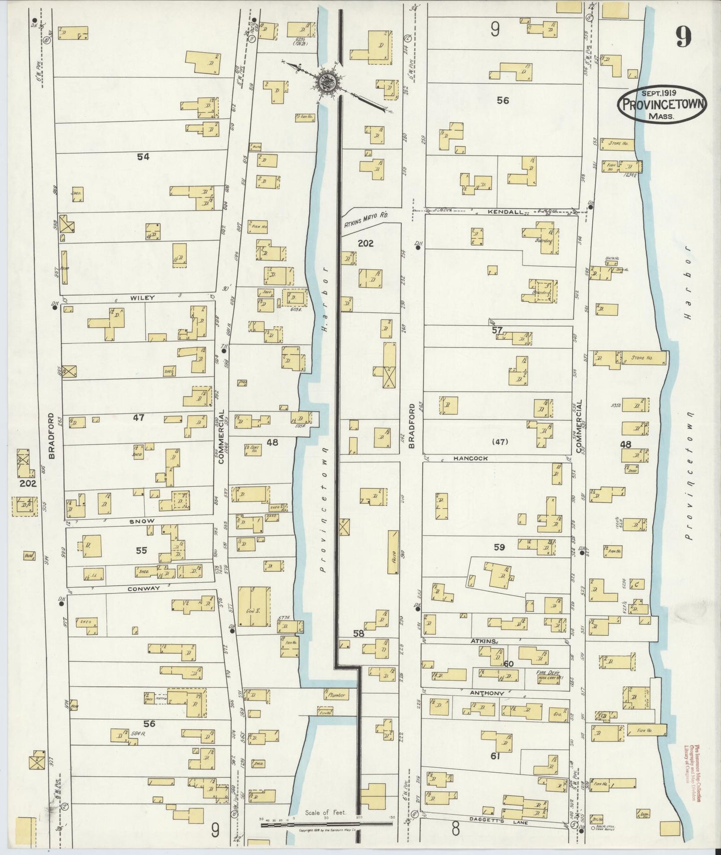 Sanborn Fire Insurance Map from Provincetown, Barnstable County, Massachusetts (1919), Sheet #0009 - Historic Sanborn Fire Insurance Map Print, vintage old map wall art, antique decor, genealogy gift, Massachusetts Massachusetts map