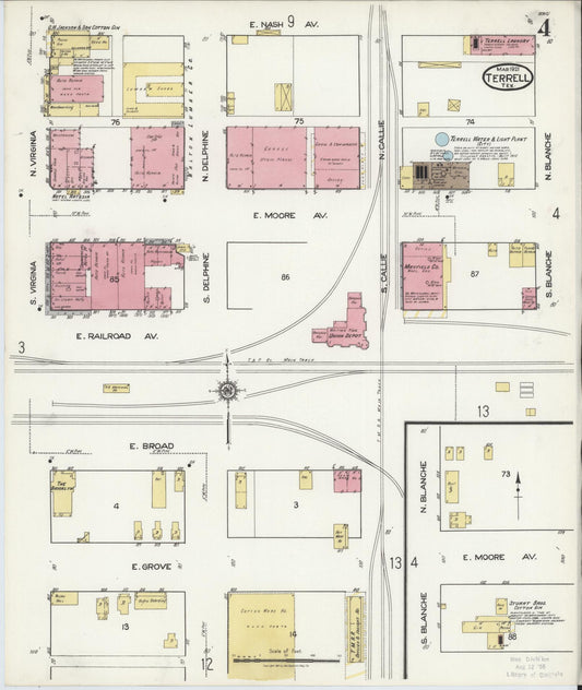 Sanborn Fire Insurance Map from Terrell, Kaufman County, Texas (1921), Sheet #0004 - Historic Sanborn Fire Insurance Map Print, vintage old map wall art, antique decor, genealogy gift, Texas Texas map