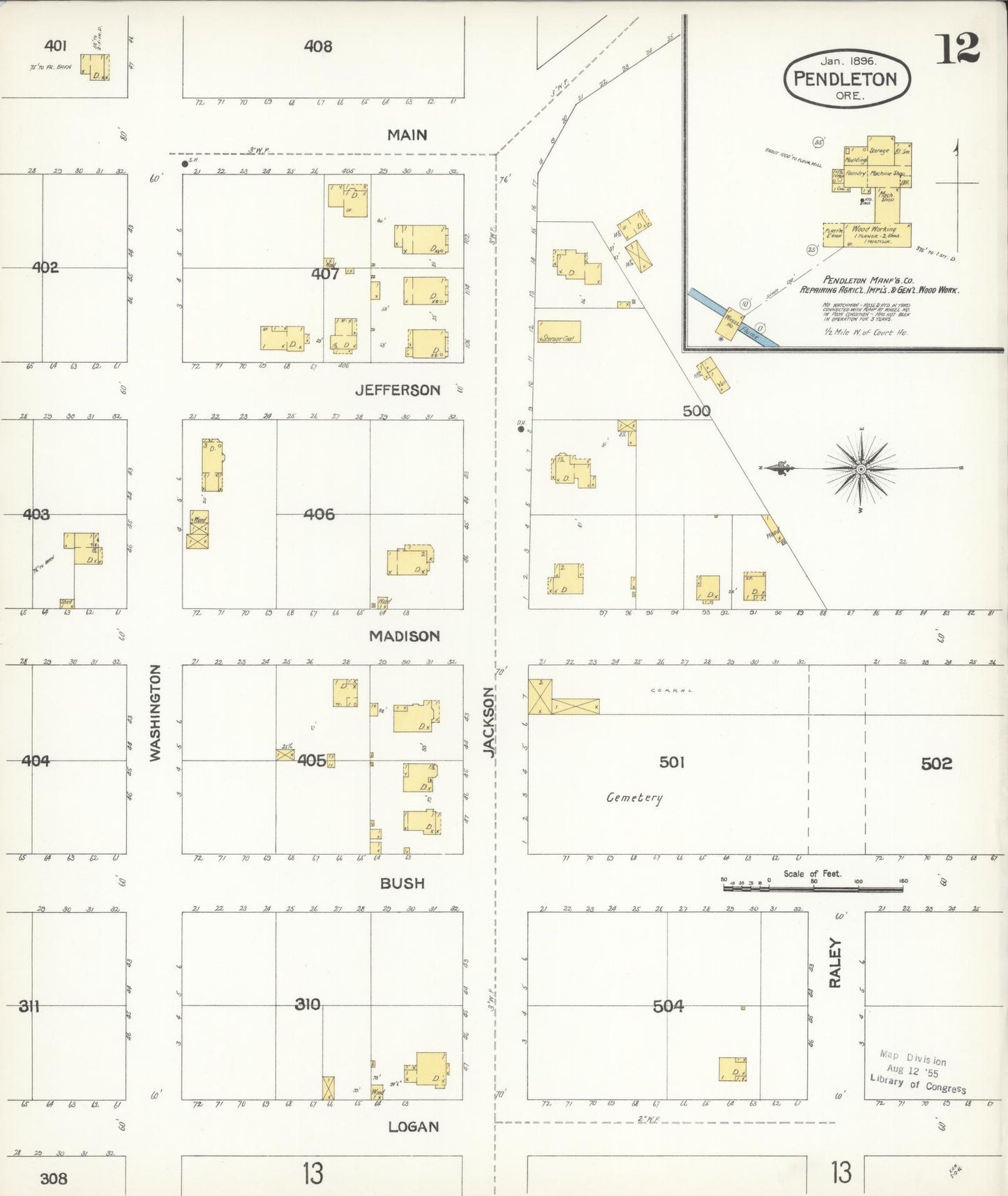 Sanborn Fire Insurance Map from Pendleton, Umatilla County, Oregon (1896), Sheet #0012 - Complete Map Set gallery image, historic Sanborn map, vintage wall art, Oregon Oregon