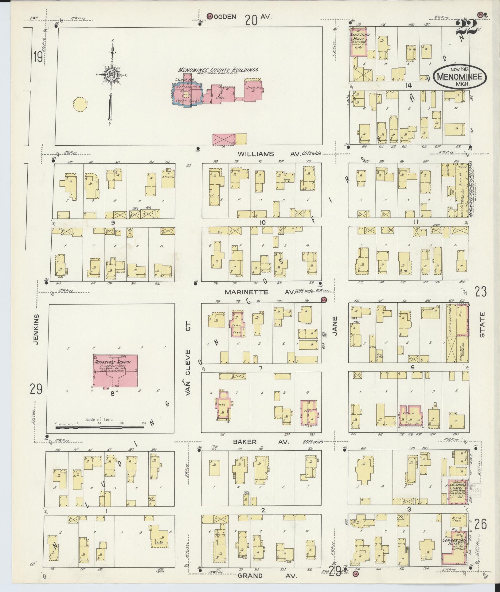 Sanborn Fire Insurance Map from Menominee, Menominee County, Michigan (1913), Sheet #0022 - Complete Map Set gallery image, historic Sanborn map, vintage wall art, Michigan Michigan
