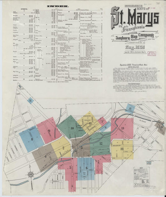 Sanborn Fire Insurance Map from Saint Marys, Elk County, Pennsylvania (1909), Sheet #0001 - Historic Sanborn Fire Insurance Map Print, vintage old map wall art, antique decor, genealogy gift, Pennsylvania Pennsylvania map