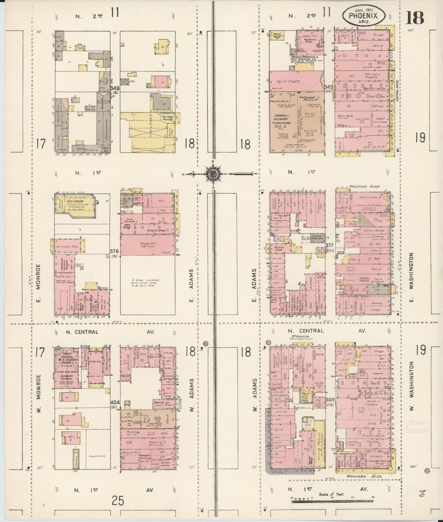 Sanborn Fire Insurance Map from Phoenix, Maricopa County, Arizona (1911), Sheet #0018 - Complete Map Set gallery image, historic Sanborn map, vintage wall art, Arizona Arizona