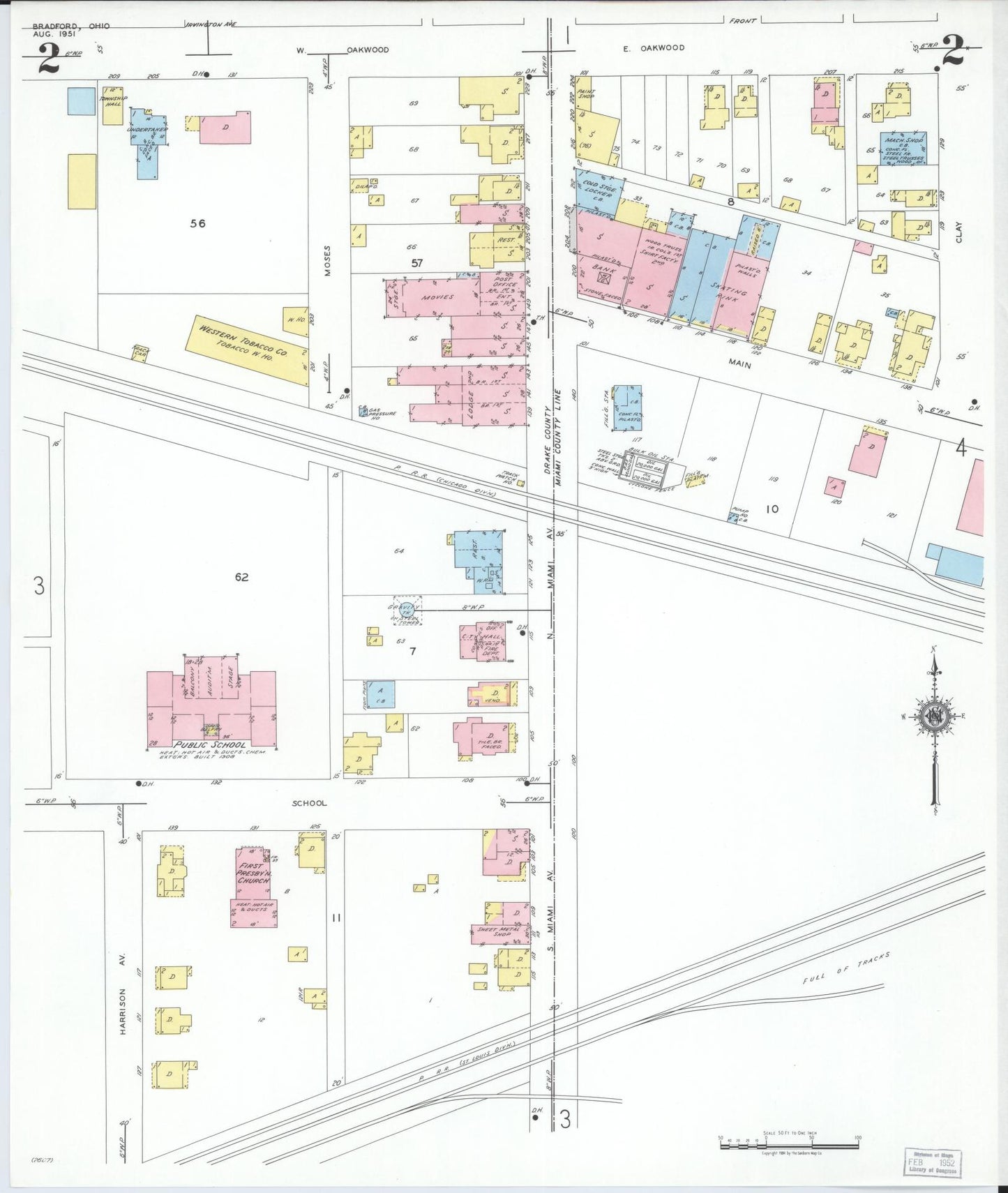 Sanborn Fire Insurance Map from Bradford, Darke and Miami Counties, Ohio (1951), Sheet #0002 - Historic Sanborn Fire Insurance Map Print, vintage old map wall art, antique decor, genealogy gift, Ohio Ohio map
