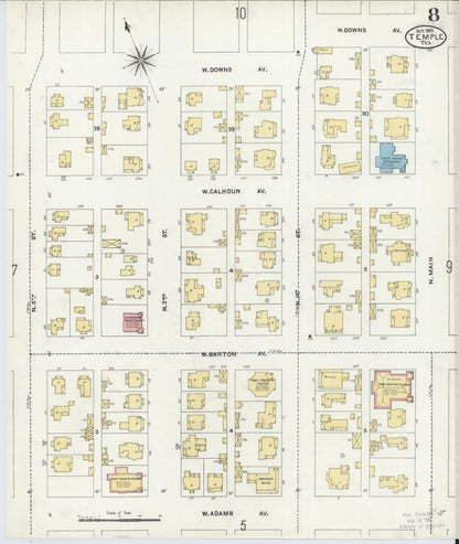 Sanborn Fire Insurance Map from Temple, Bell County, Texas (1905), Sheet #0008 - Historic Sanborn Fire Insurance Map Print, vintage old map wall art, antique decor, genealogy gift, Texas Texas map