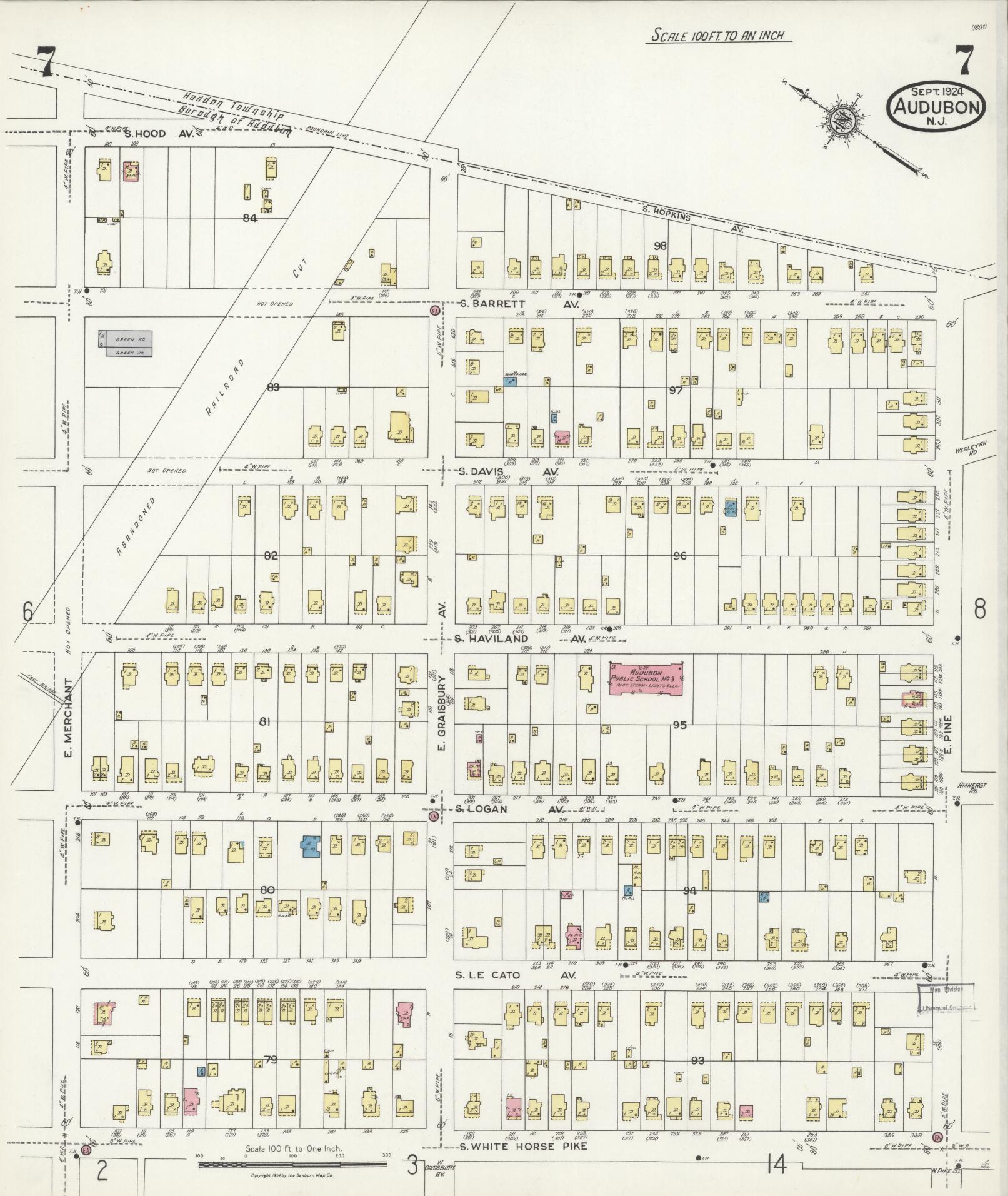 Sanborn Fire Insurance Map from Audubon, Camden County, New Jersey (1924), Sheet #0007 - Historic Sanborn Fire Insurance Map Print, vintage old map wall art, antique decor, genealogy gift, New Jersey New Jersey map