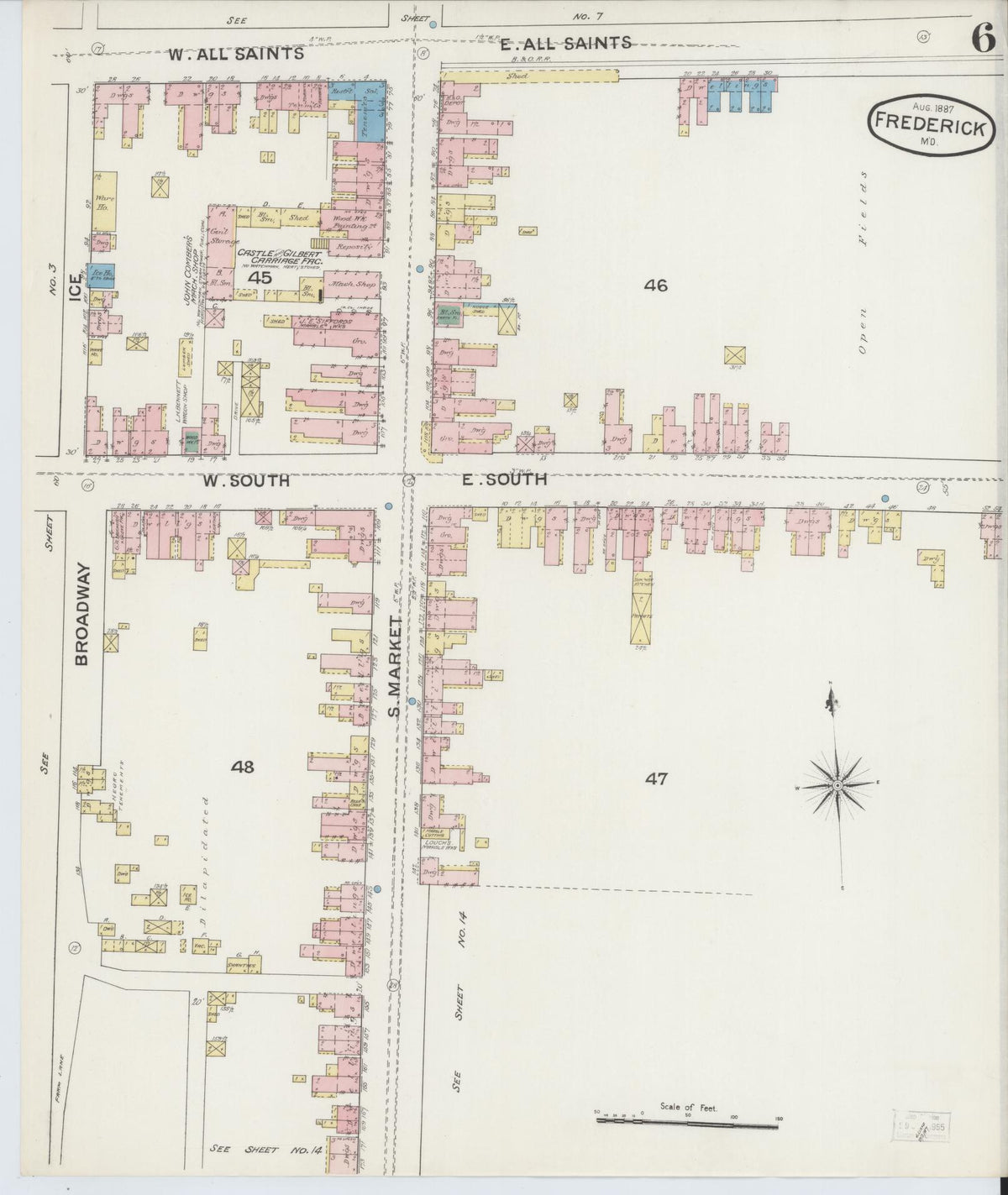 Sanborn Fire Insurance Map from Frederick, Frederick County, Maryland (1887), Sheet #0006 - Historic Sanborn Fire Insurance Map Print, vintage old map wall art, antique decor, genealogy gift, Maryland Maryland map