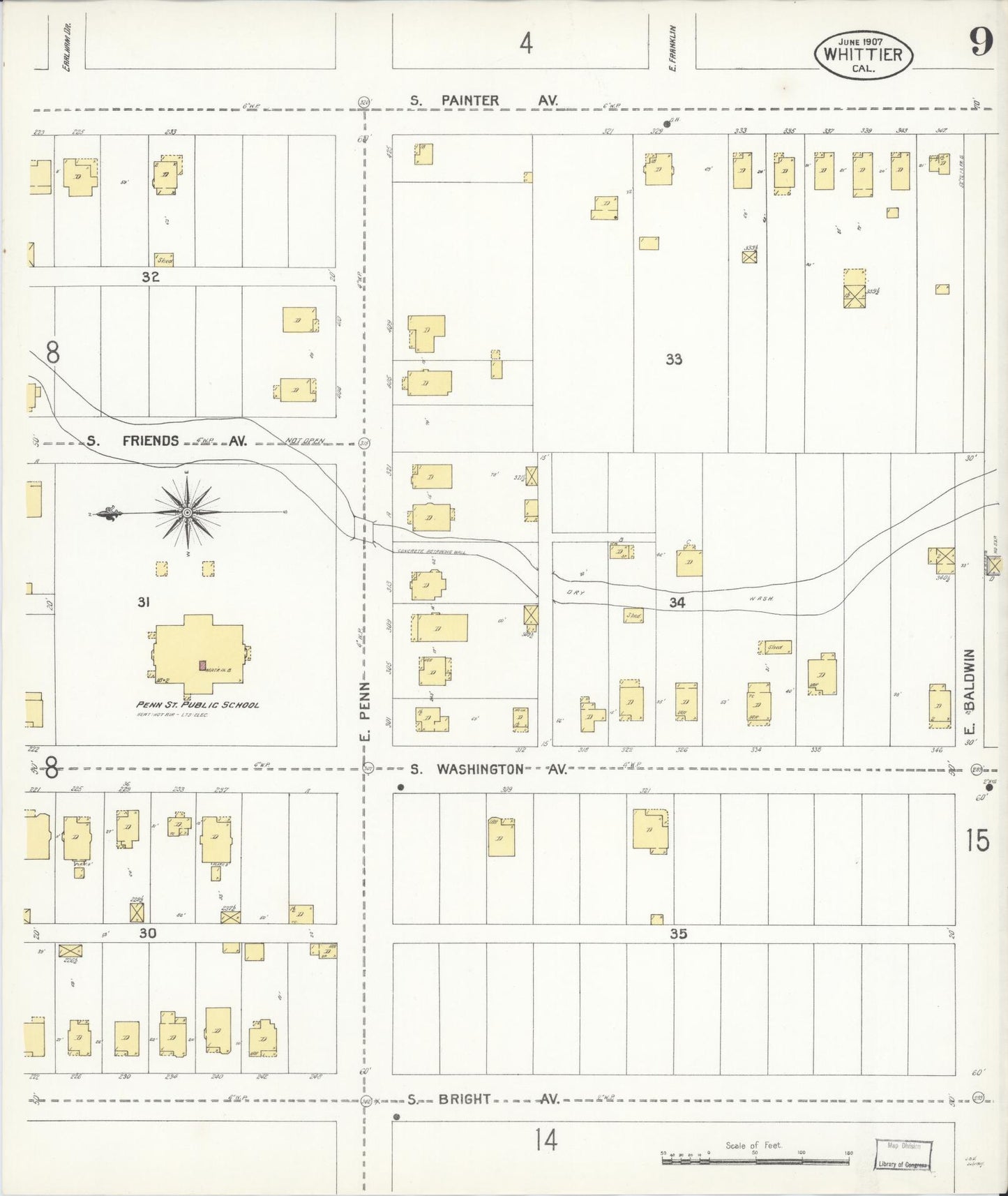 Sanborn Fire Insurance Map from Whittier, Los Angeles County, California (1907), Sheet #0009 - Complete Map Set gallery image, historic Sanborn map, vintage wall art, California California