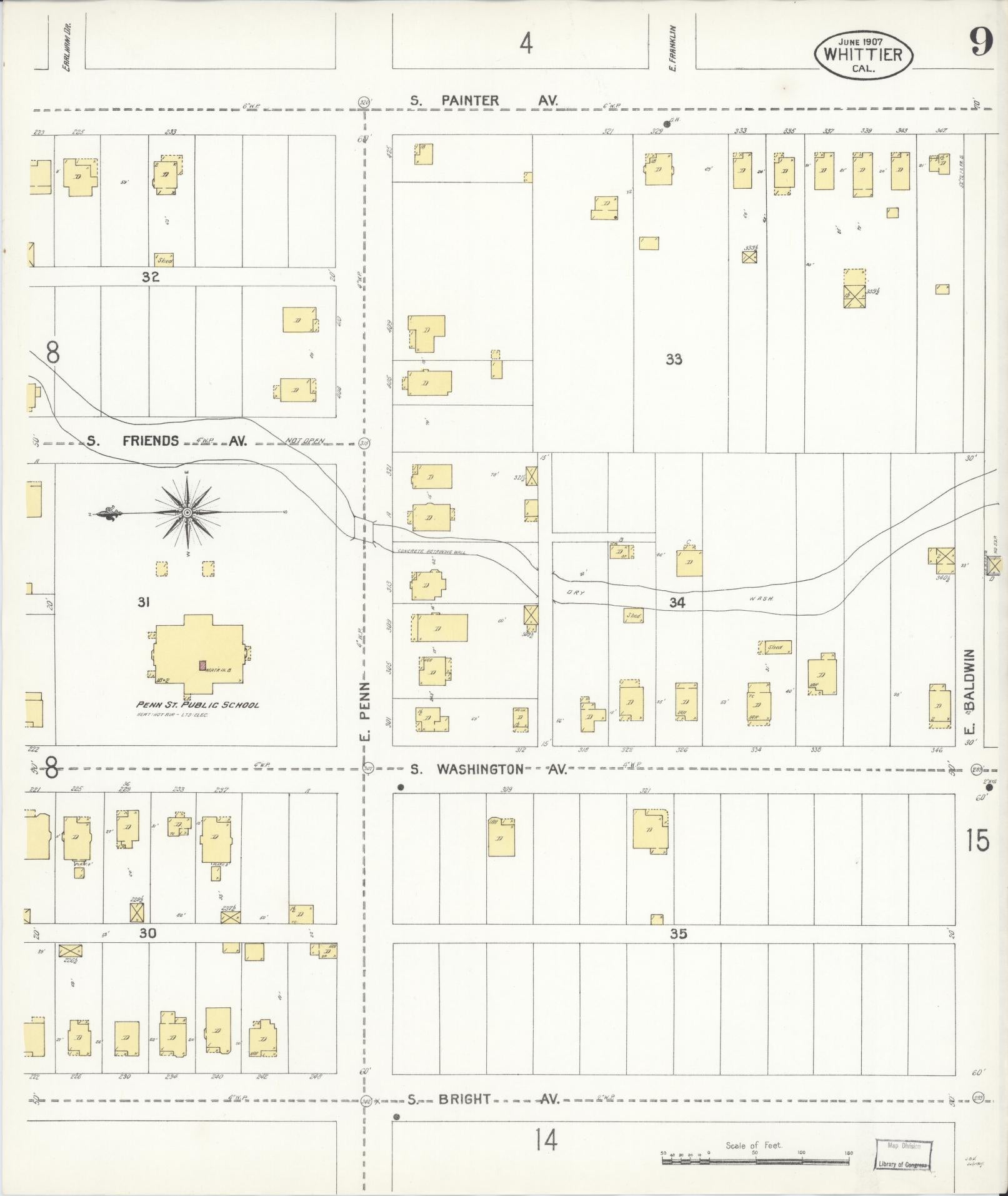 Sanborn Fire Insurance Map from Whittier, Los Angeles County, California (1907), Sheet #0009 - Complete Map Set gallery image, historic Sanborn map, vintage wall art, California California