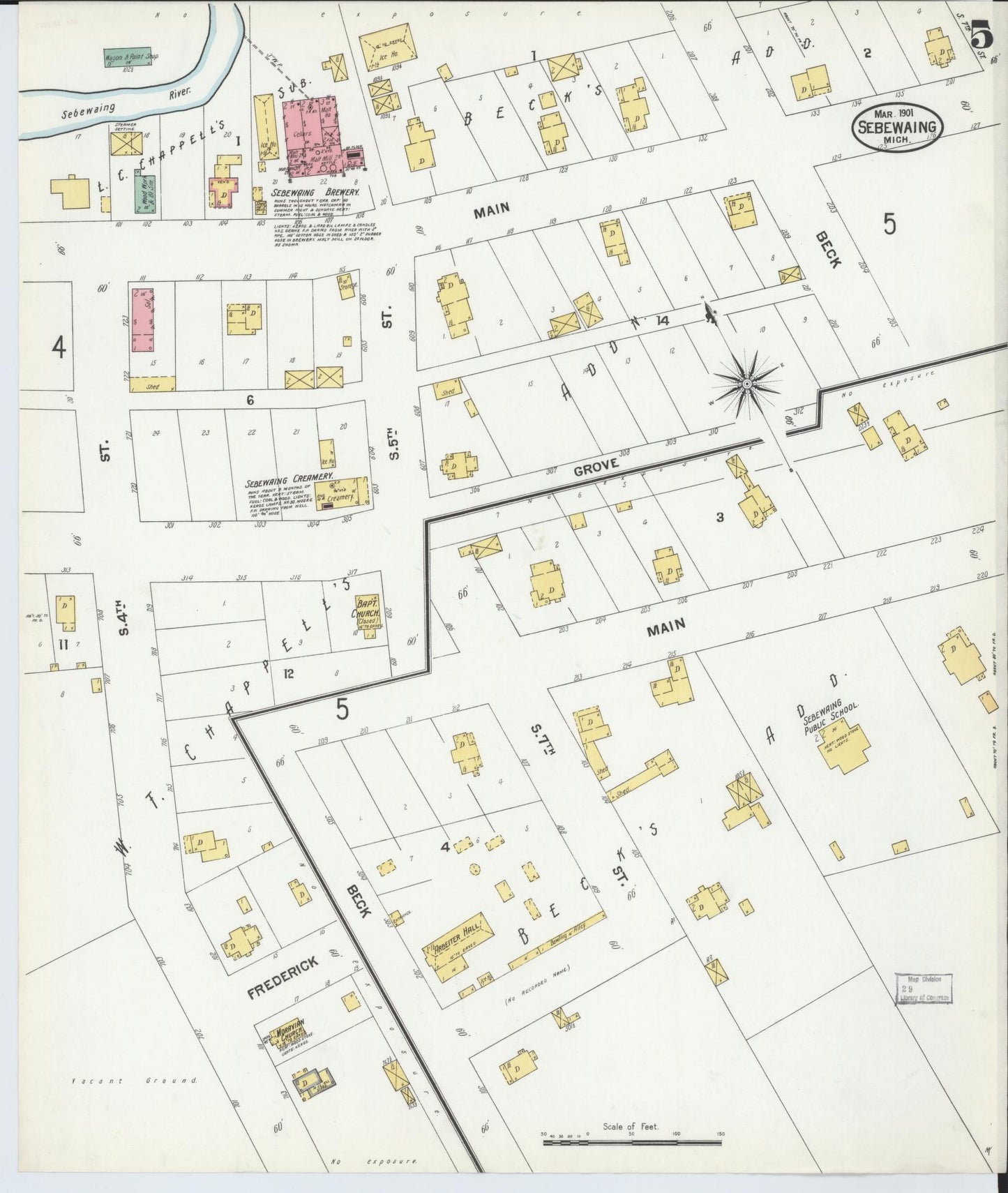 Sanborn Fire Insurance Map from Sebewaing, Huron County, Michigan (1901), Sheet #0005 - Complete Map Set gallery image, historic Sanborn map, vintage wall art, Michigan Michigan
