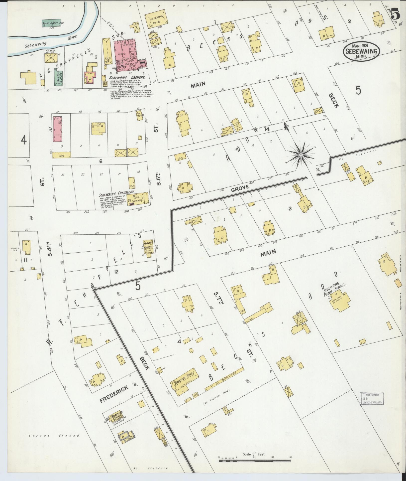 Sanborn Fire Insurance Map from Sebewaing, Huron County, Michigan (1901), Sheet #0005 - Complete Map Set gallery image, historic Sanborn map, vintage wall art, Michigan Michigan