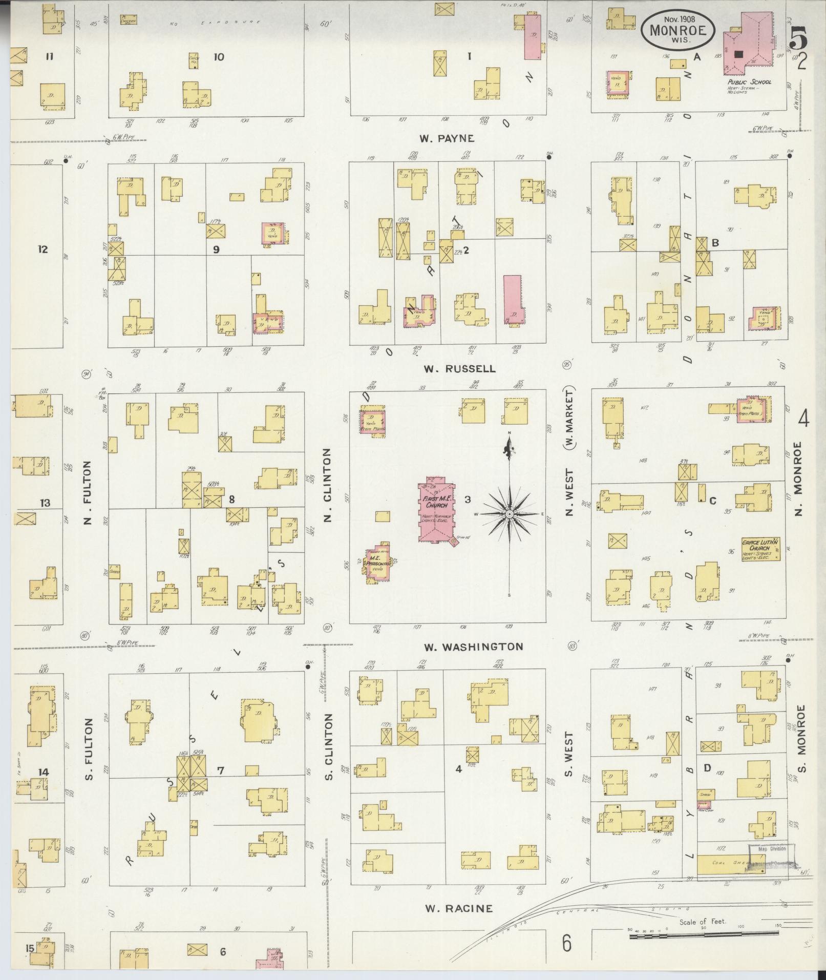 Sanborn Fire Insurance Map from Monroe, Green County, Wisconsin (1908), Sheet #0005 - Complete Map Set gallery image, historic Sanborn map, vintage wall art, Wisconsin Wisconsin