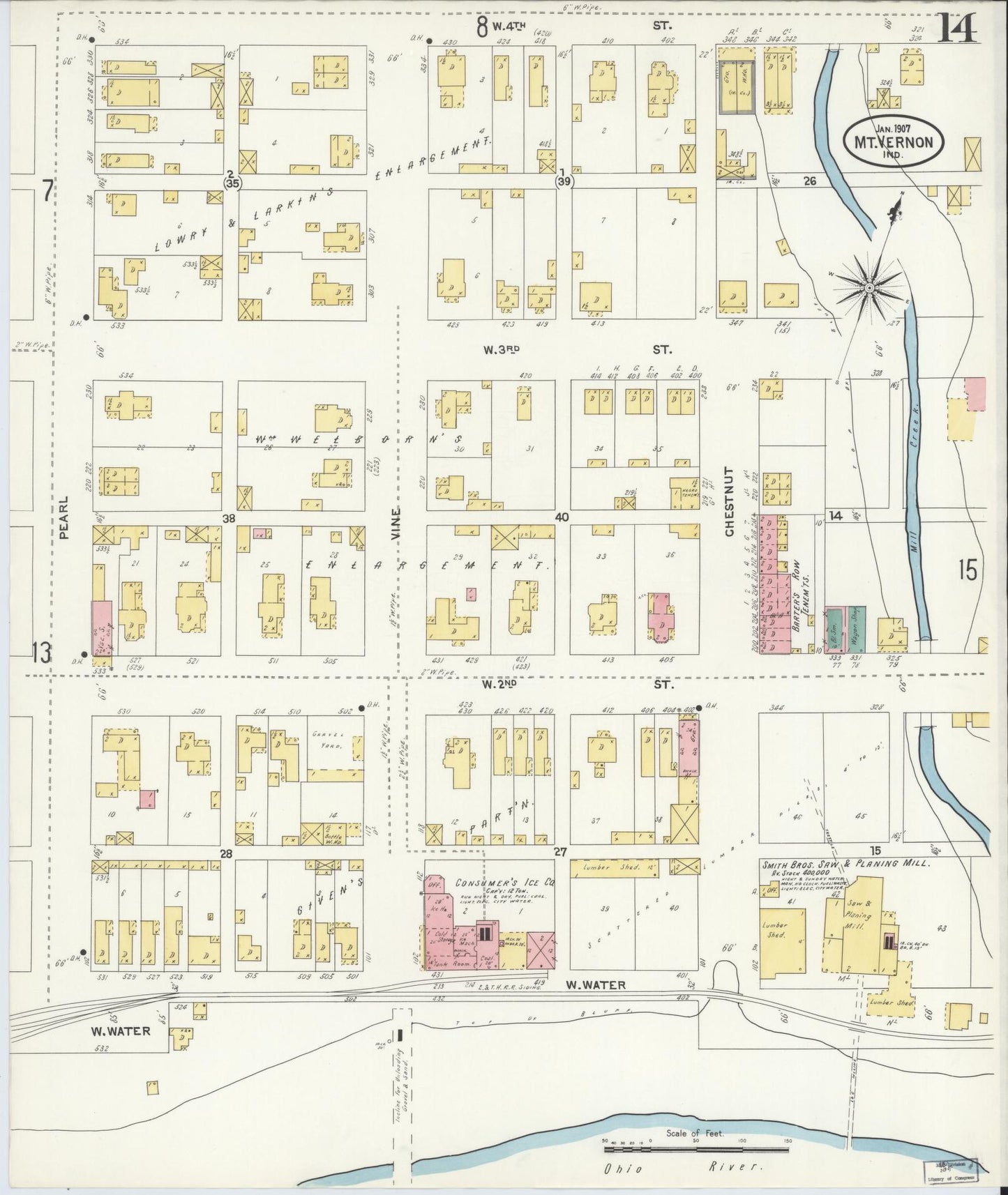 Sanborn Fire Insurance Map from Mount Vernon, Posey County, Indiana (1907), Sheet #0014 - Complete Map Set gallery image, historic Sanborn map, vintage wall art, Indiana Indiana