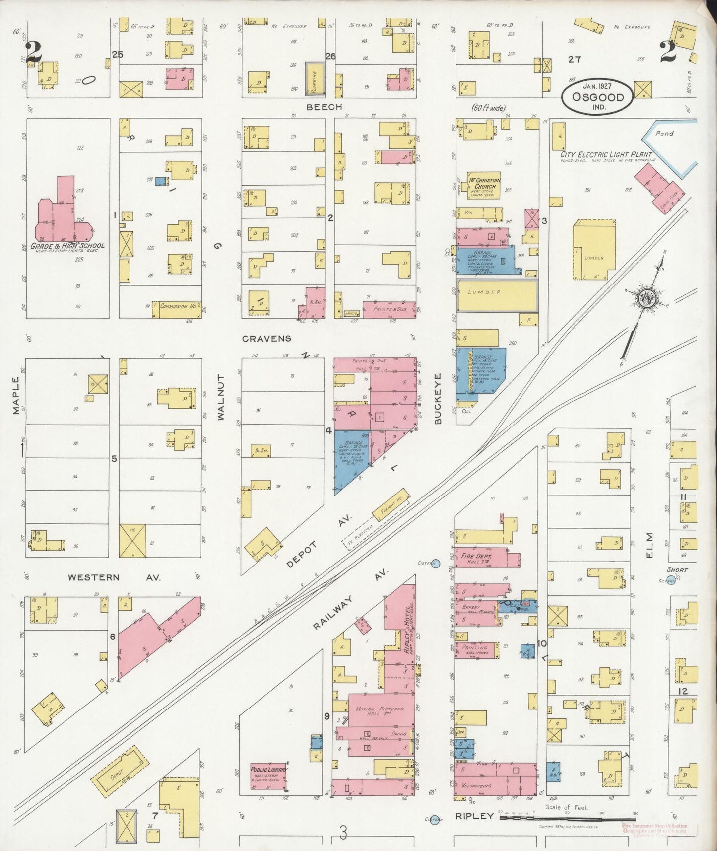 Sanborn Fire Insurance Map from Osgood, Ripley County, Indiana (1927), Sheet #0002 - Complete Map Set gallery image, historic Sanborn map, vintage wall art, Indiana Indiana